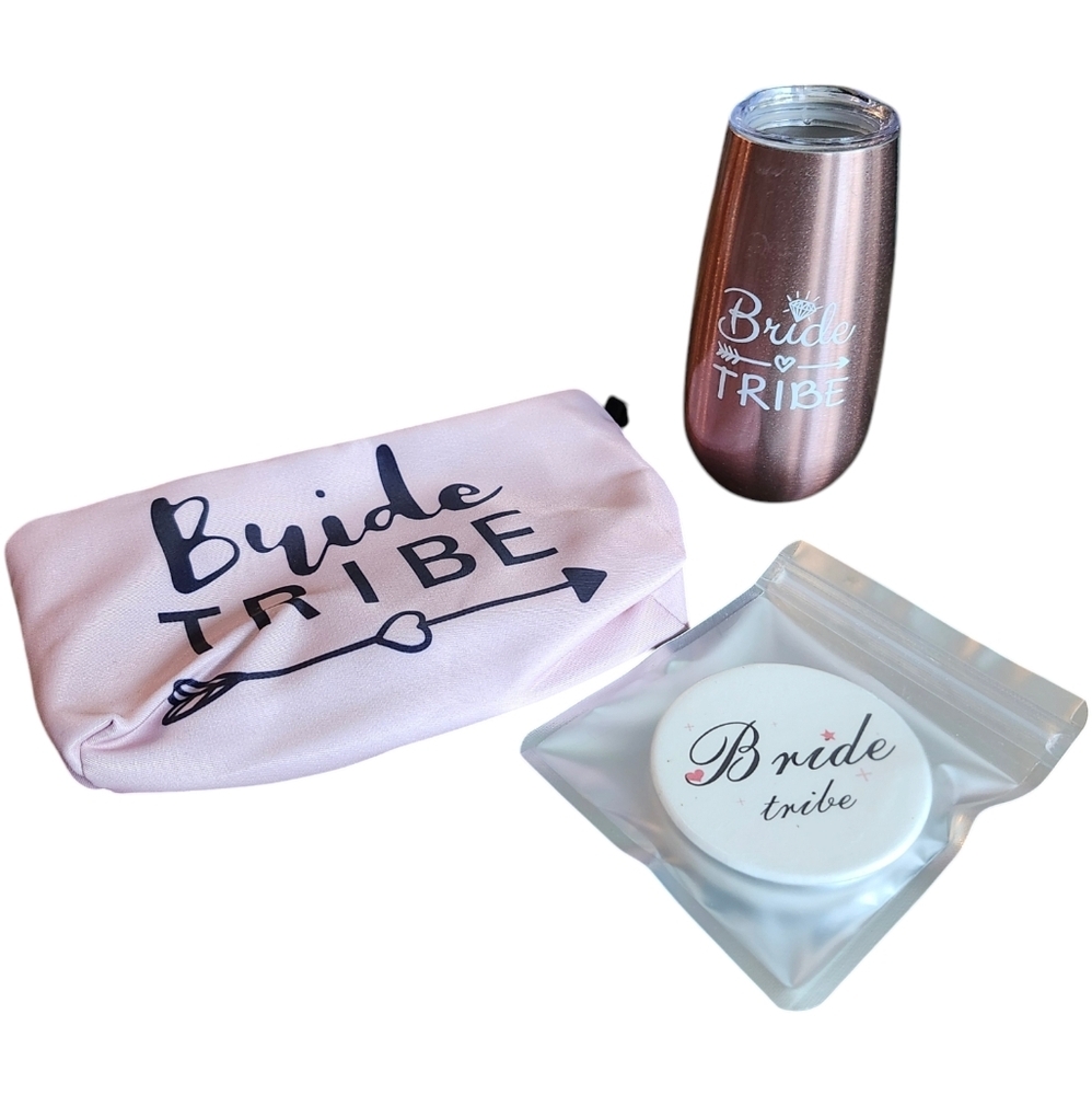 🪻BOGO🪻 Bride Tribe Wedding Favor Bundle: Wine Tumbler, Makeup‎ Bag & Mirror